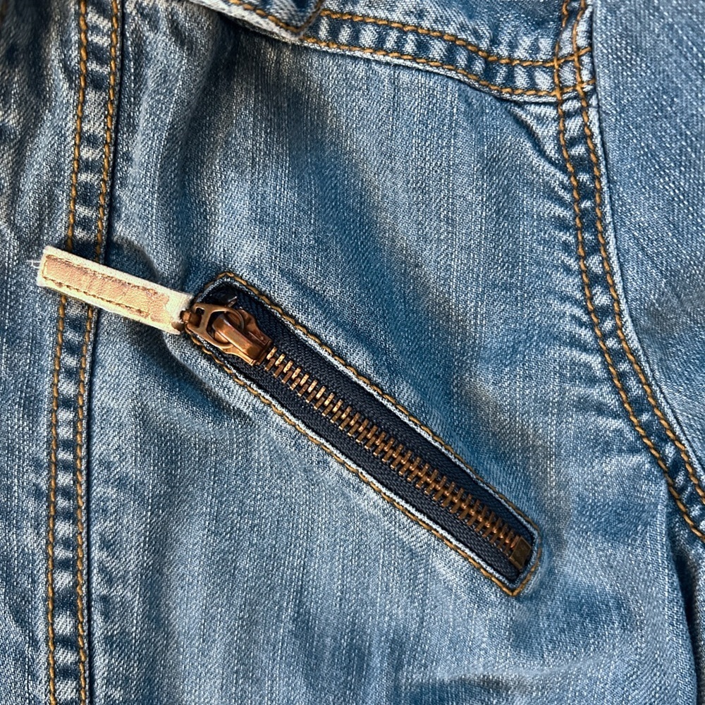Workers for Freedom Cropped Denim Moto Jacket Y2K Indie Sleaze Size 4 - Picture 8 of 10